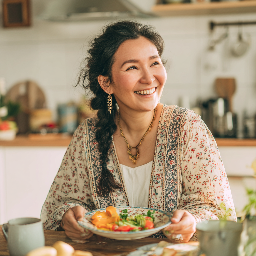 Smiling middle-aged Kazakh woman holding a bowl of fresh vegetables and fruits, wearing casual clothing in a bright kitchen setting