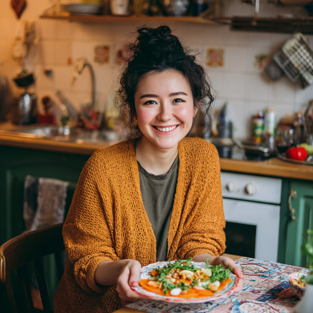 Elderly Kazakh man with grey hair smiling while preparing a colorful salad in his modern kitchen, wearing a casual shirt