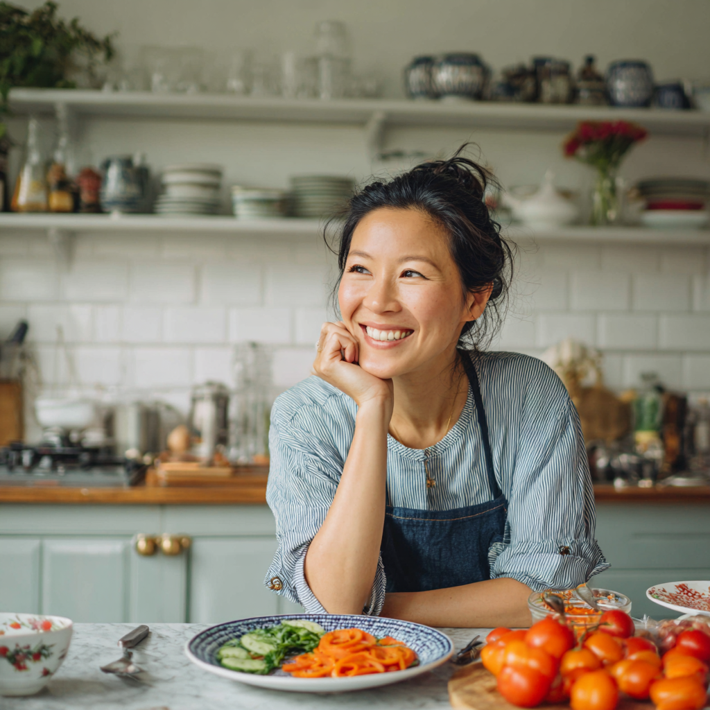 Young Kazakh woman in her 30s happily cooking fresh vegetables in a well-lit kitchen, wearing an apron and smiling while chopping colorful ingredients